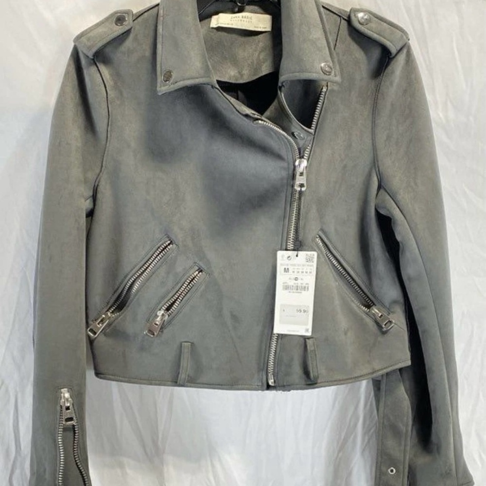 NWT Zara Basic Womens Gray Suede Zipper Pockets Full-Zip Motorcycle Jacket Sz M